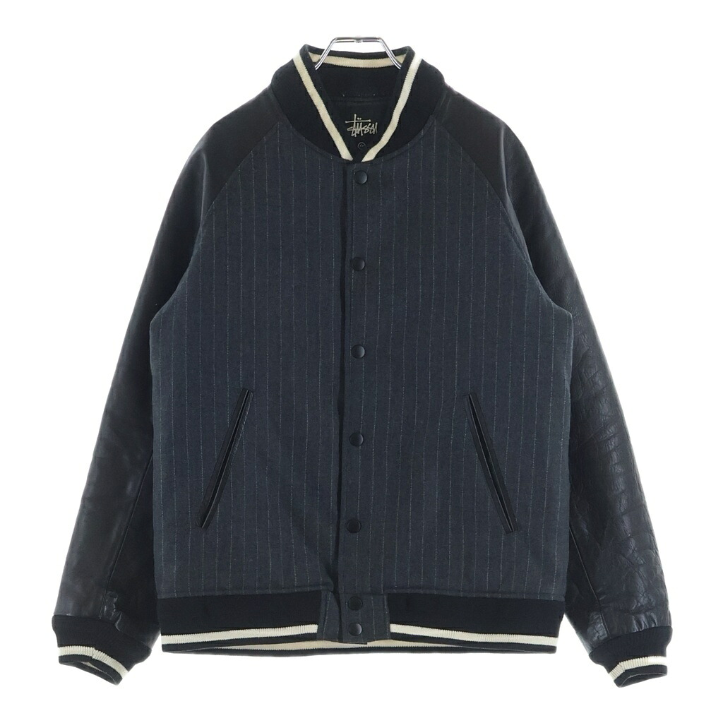 STUSSY(ステューシー) サイズ:L ×FRAGMENT DESIGN フラグメントデザイン レザー切り替え ウール ストライプ バーシティジャケット スタジャン グレー/ブラック【中古】【程度B】【カラーグレー】【取扱店舗BRING横浜ビブレ店】|ブランド買取・販売 BRING