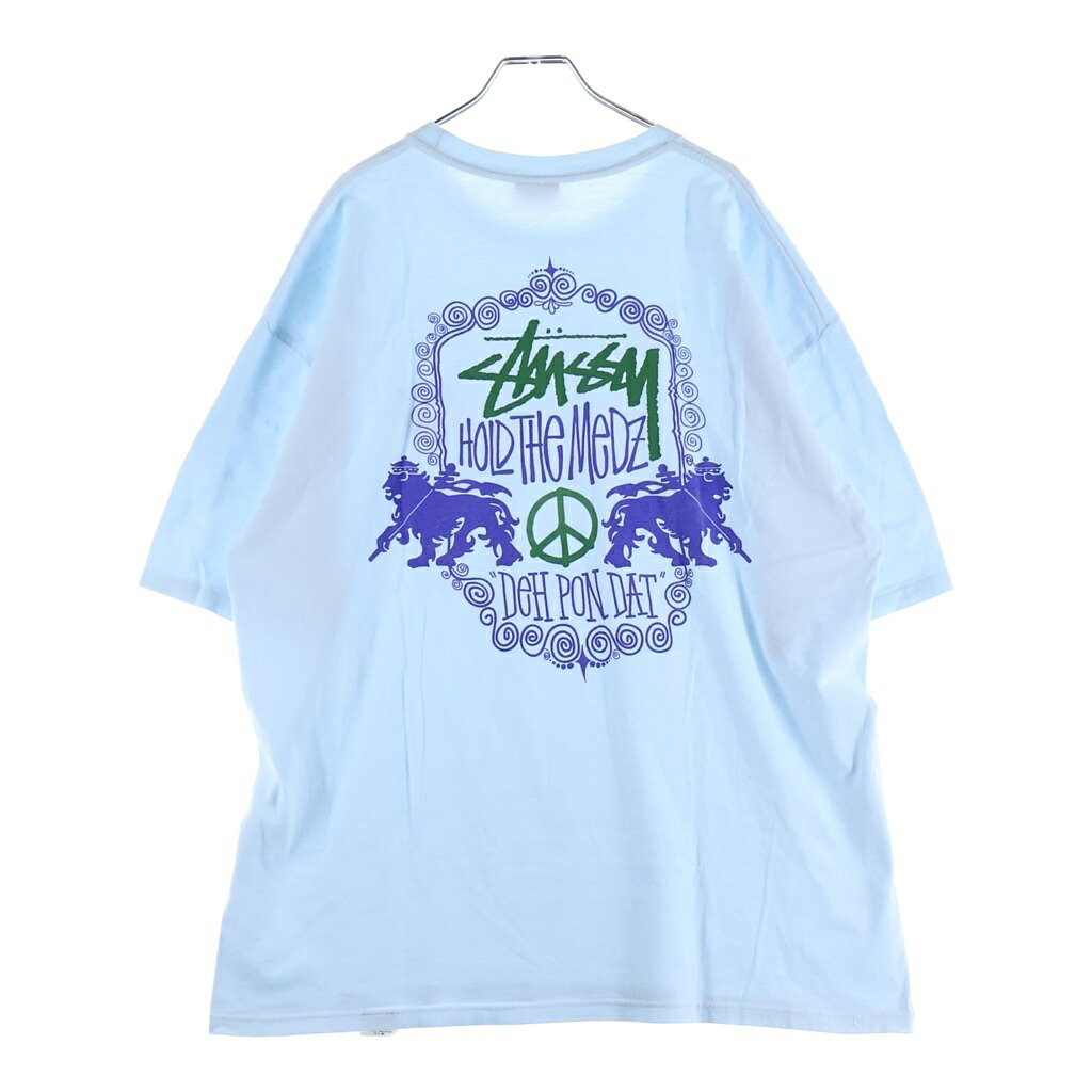 STUSSY(ステューシー) サイズ:XL 00s OLD Hold The Medz Print Tee オールド ライオン プリント 半袖Tシャツ カットソー ライトブルー【中古】【程度B】【カラーブルー】【取扱店舗AWESOME原宿店】｜ブランド買取・販売　BRING