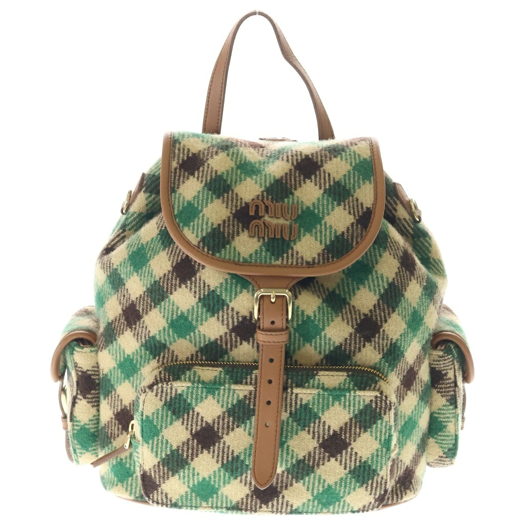 miumiu(ミュウミュウ) 25AW PLAID AND LEATHER BACKPACK タータンチェック ウールレザー バックパック リュックサック グリーン/ベージュ 5BZ042【新古品/中古】【程度S】【カラーグリーン】【取扱店舗BRING京都河原町店】｜ブランド買取・販売　BRING