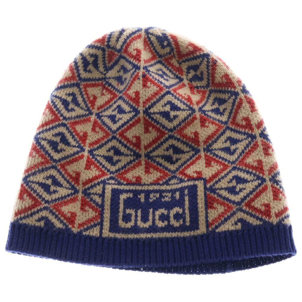 GUCCI(グッチ) サイズ:L GGロゴ 総柄 ニットキャップ ビーニー レッド/ブルー 685469 4KAAA【中古】【程度B】【カラーレッド】【取扱店舗BRING福岡店】|ブランド買取・販売 BRING