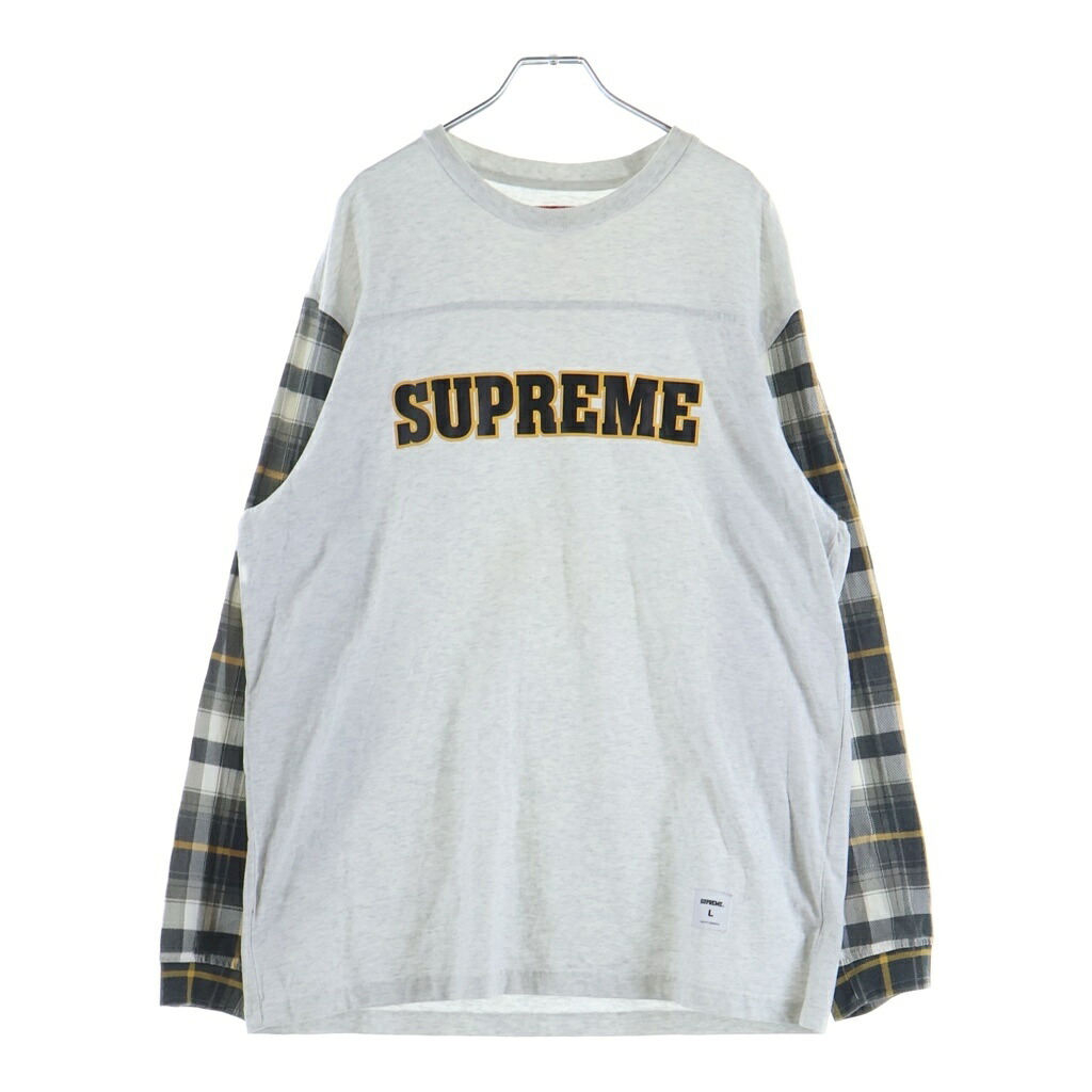 SUPREME(シュプリーム) サイズ:L 21AW Plaid Sleeve L/S Top フットボール フランネルシャツ切替 ロングスリーブカットソー グレー【中古】【程度B】【カラーグレー】【取扱店舗BRING福岡店】｜ブランド買取・販売　BRING