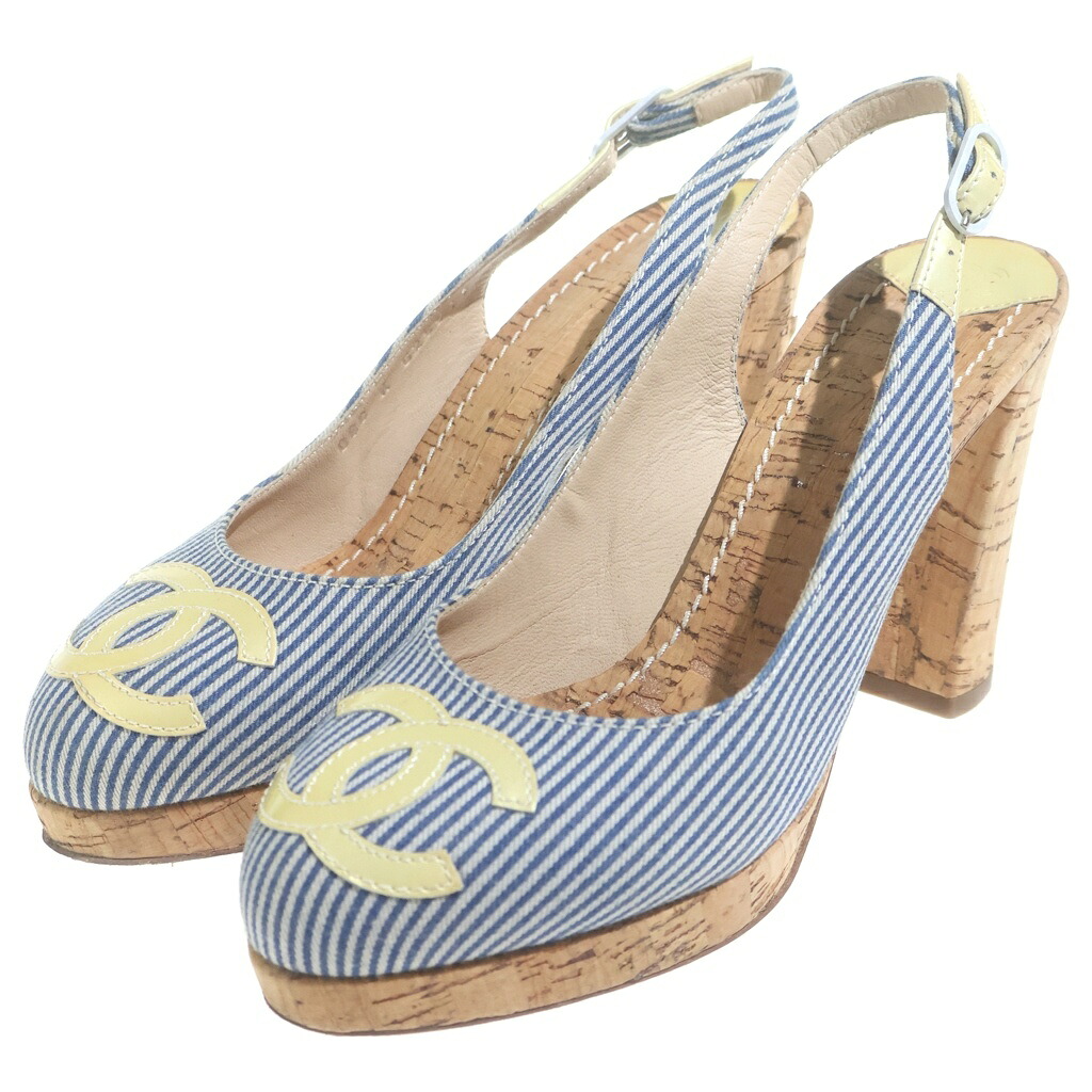 CHANEL(シャネル) サイズ:36.5 ココマーク ウエッジソール ストライプヒールパンプス ブルー&times;ブラウン #36 1/2【中古】【程度B】【カラーブルー】【オンライン限定商品】｜ブランド買取・販売　BRING