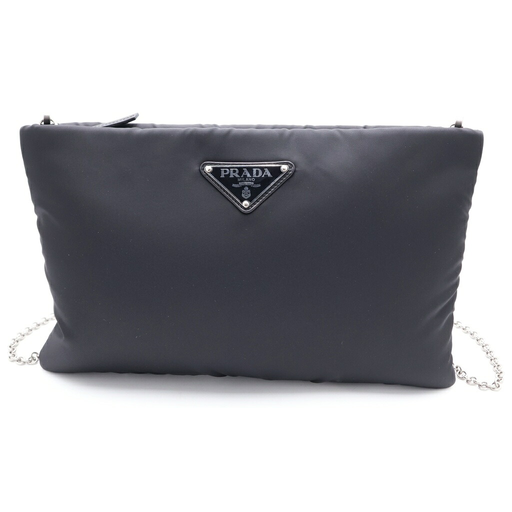 PRADA(プラダ) サイズ:- トライアングルロゴプレート ナイロン チェーンショルダーバッグ シルバー金具 ブラック 1BF081【中古】【程度A】【カラーブラック】【取扱店舗BRING心斎橋店】｜ブランド買取・販売　BRING