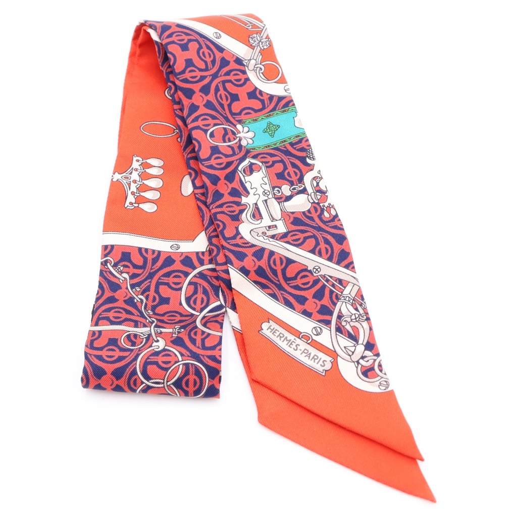 HERMES(エルメス) ツイリー 馬銜と鎖 シルクスカーフ レッド×ネイビー【中古】【程度B】【カラーレッド】【オンライン限定商品】|ブランド買取・販売 BRING