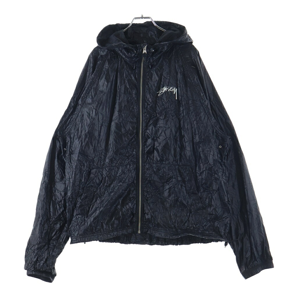 STUSSY(ステューシー) サイズ:L 24SS Beach Shell Wrinkled Nylon Jacket ビーチシェル シワ加工 フロントロゴプリント ナイロン ジップアップ フーデッド ジャケット ブラック【中古】【程度A】【カラーブラック】【取扱店舗BRING THRIFT CLOSET 幕張店】|ブランド買取・販売 BRING