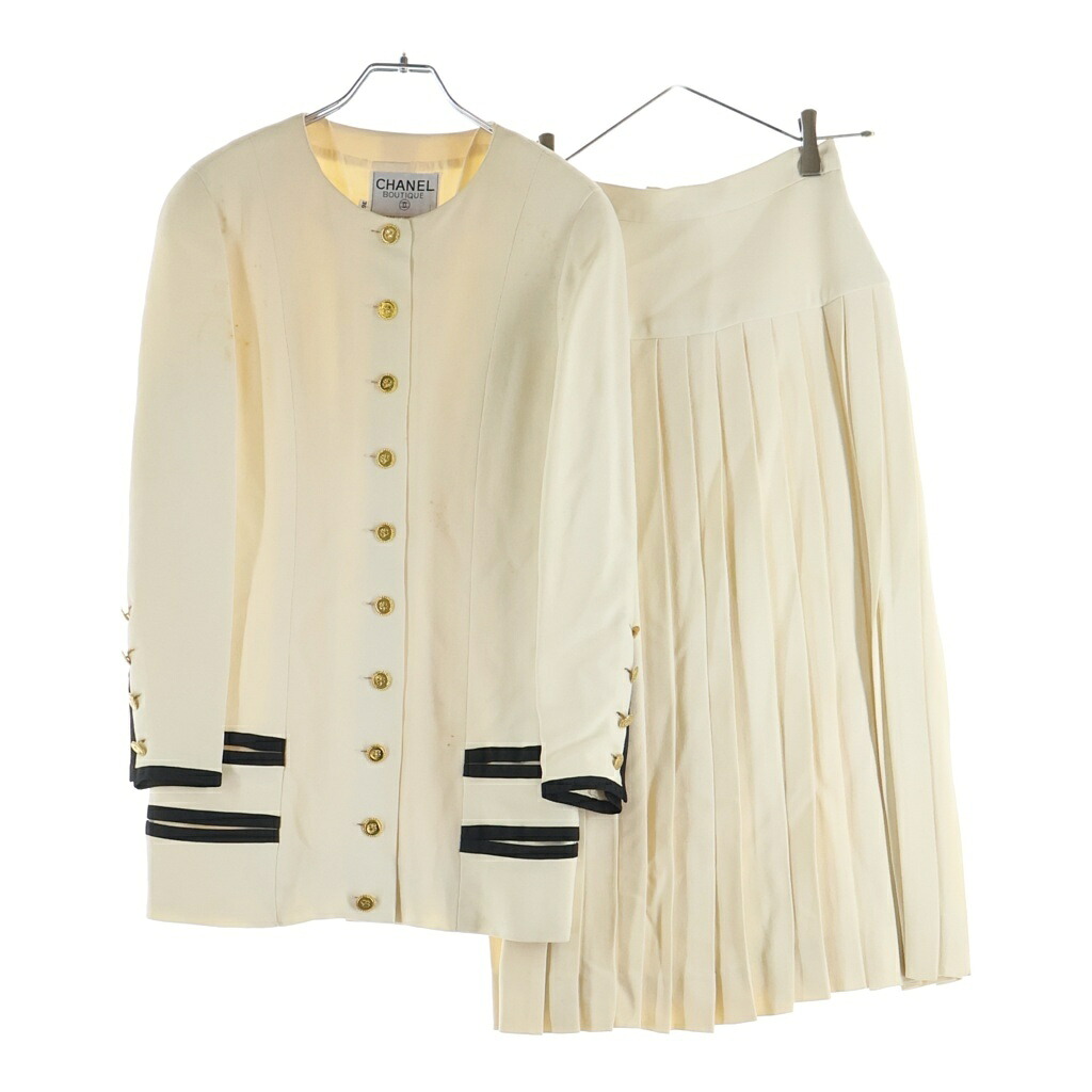 CHANEL BOUTIQUE(シャネルブティック) サイズ:36 VINTAGE Wool Tweed Jacket and Long Skirt ヴィンテージ ウールツイードジャケット ロングスカート セットアップ ココマークボタン レディース【中古】【程度B】【カラーホワイト】【取扱店舗渋谷】｜ブランド買取・販売　BRING