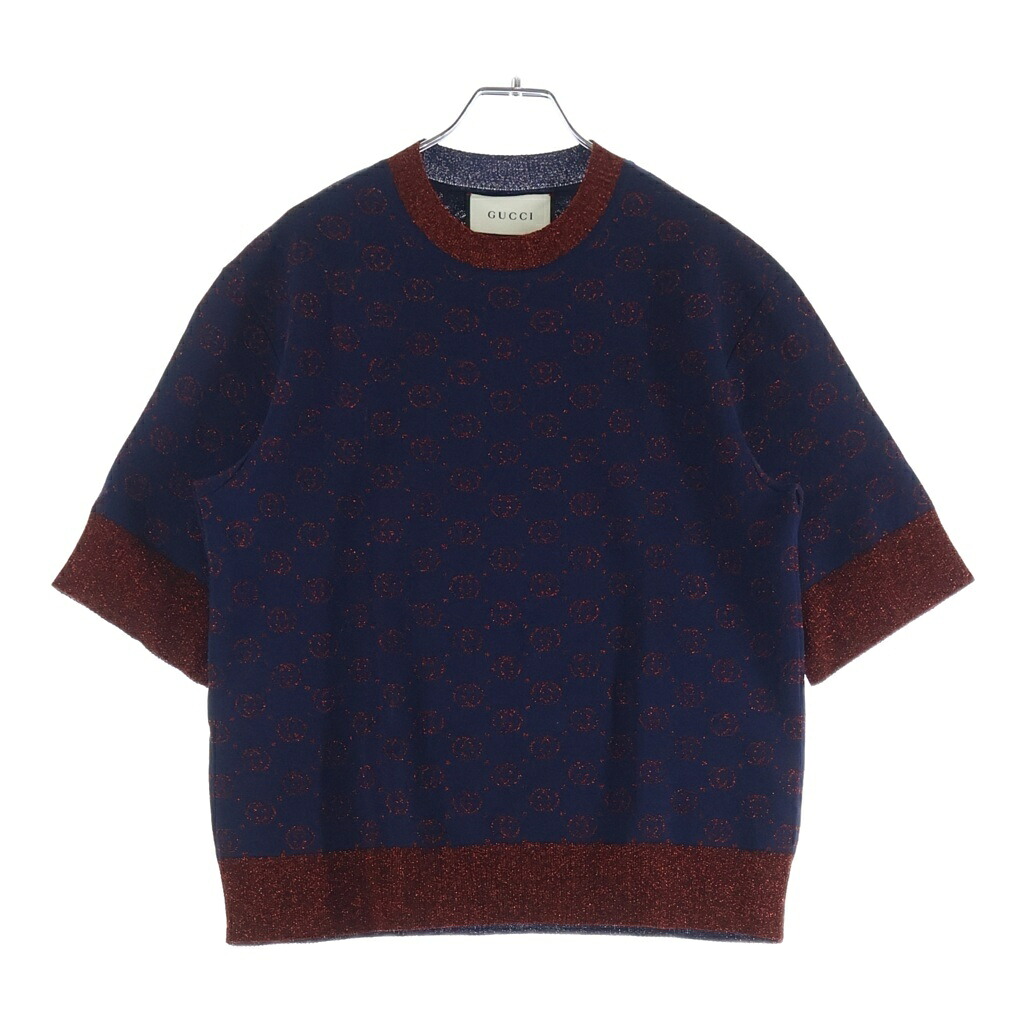 GUCCI(グッチ) サイズ:XXS GG総柄 インターロッキングG ウール&times;ポリエステル 半袖 ラメ ニット ショートスリーブド セーター#XXS ネイビー/レッド 605920【中古】【程度B】【カラーネイビー】【オンライン限定商品】｜ブランド買取・販売　BRING