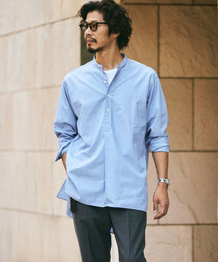【SALE セール】BRITISH MADE ブリティッシュメイド オフィサーシャツ/プリマス(MEN) 全2色 ミリタリーウェア バンドカラー プルオーバー サイドスリット スプリットヨーク｜BRITISH MADE　店