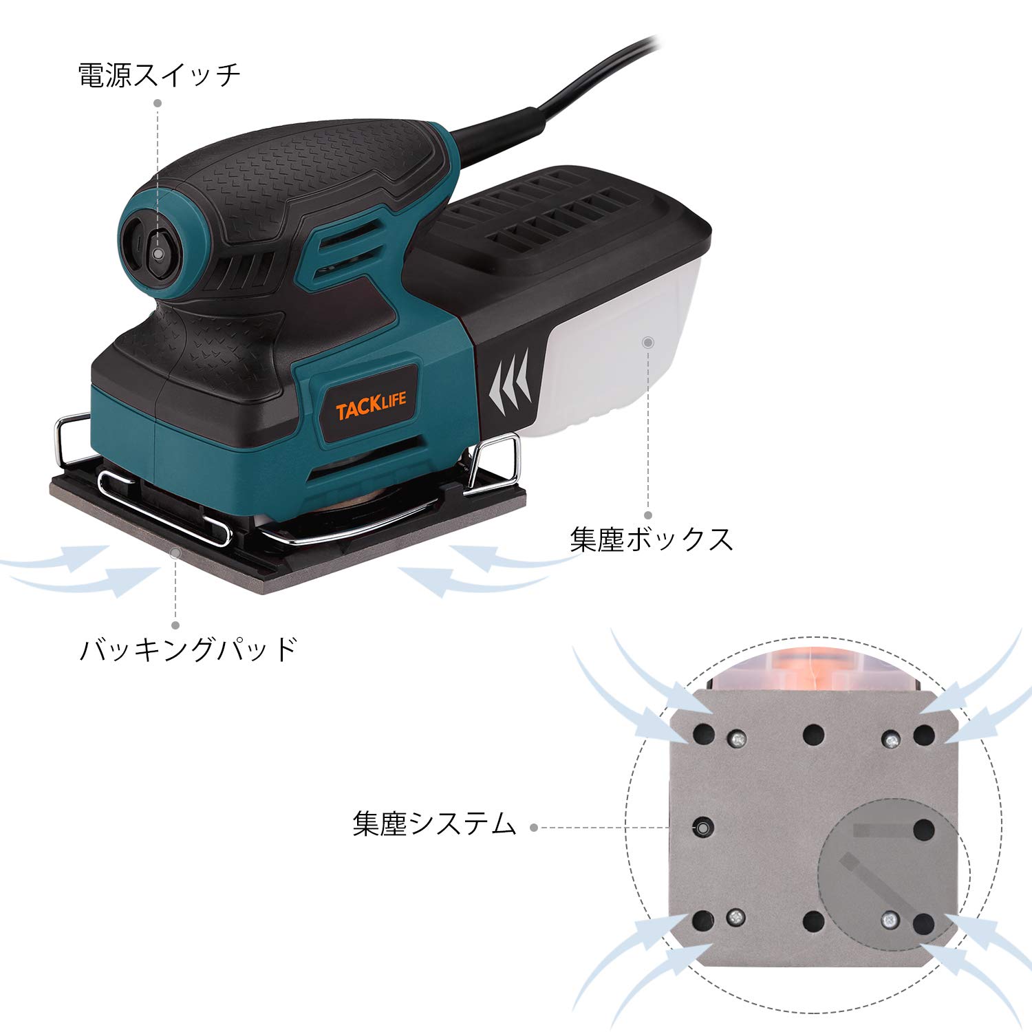 楽天市場 Tacklife サンダー 低振動 高集塵 12枚サンドペーパー付き 集塵ボックス付き 軽量 電動サンダー オービタルサンダー 電動ヤスリ Pss01a Brジャパン