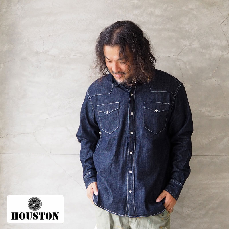 HOUSTON ヒューストン シャツ デニムシャツ USA COTTON DENIM WESTERN SHIRT 40695 デニム ウエスタンシャツ メンズ 長袖 長袖シャツ ロングスリーブ USAコットン ウォッシュ インディゴ アメカジ ワーク ミリタリー おしゃれ