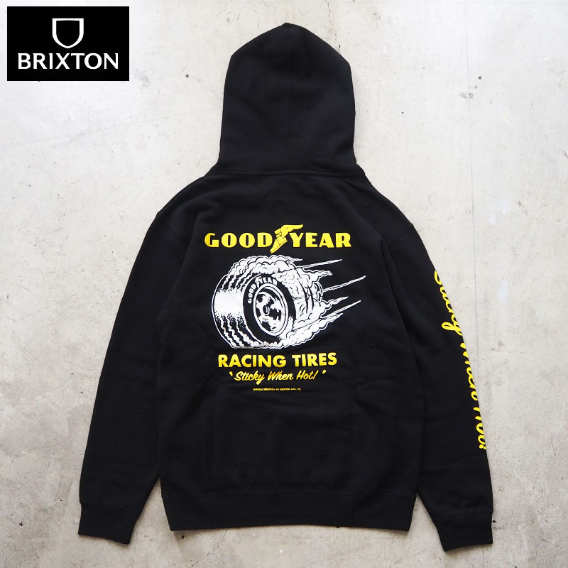 BRIXTON ブリクストン GOODYEAR グッドイヤー パーカー コラボ 23028 メンズ スウェット プルオーバー スウェットパーカー フーディー 長袖 袖プリント 裏起毛 ストリート アメカジ バイカー サーフ 黒｜GOOD HOLIDAY グッドホリデイ