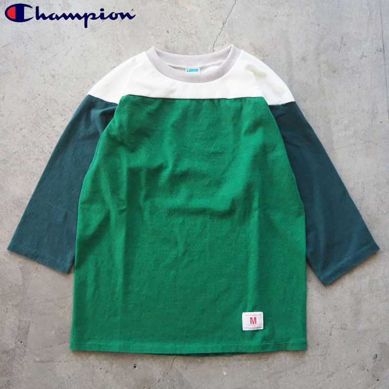 Champion チャンピオン 七分袖 Tシャツ 3/4スリーブ フットボールTシャツ 26SS TRUE TO ARCHIVES 日本製 C3-D406 メンズ 七分 ロンT アメカジ ミシガン アメカジ フットボール おしゃれ グリーン 緑