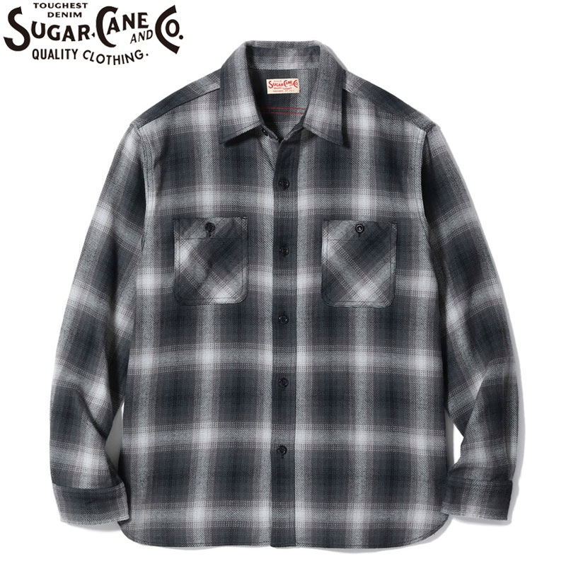 SUGAR CANE 長袖シャツ ブラック/グレーチェック Lサイズ SUGAR CANE シュガーケーン ブロックチェック ヘビーフランネル ワーク
