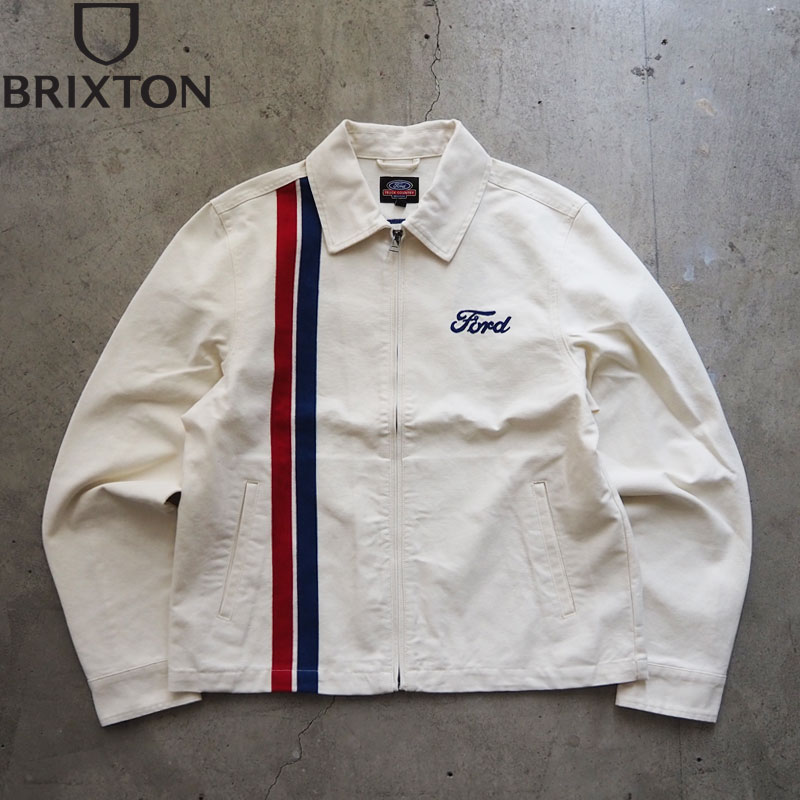 BRIXTON ブリクストン FORD フォード コラボ ガレージジャケット 03478 メンズ ジャケット 白 チェーンステッチ 刺繍 ロゴ ホワイト デトロイト 企業コラボ