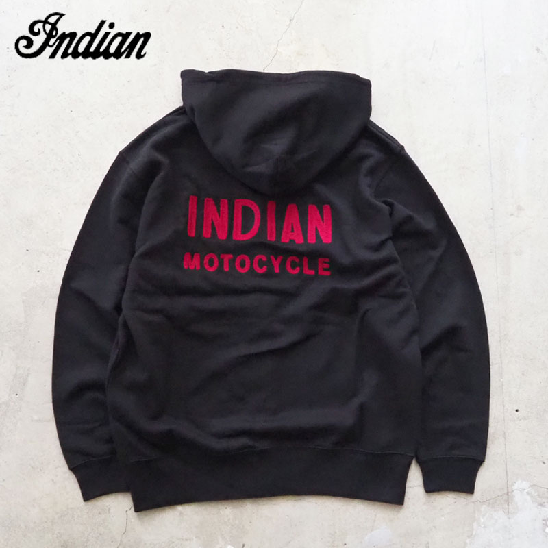Indian Motorcycle インディアン モーターサイクル ジップ パーカー IC-2835 メンズ ジップアップ スウェット 裏毛 フーディー パーカ 黒 刺繍 ブランドロゴ ステッチ 黒 ブラック インディアンモトサイクル