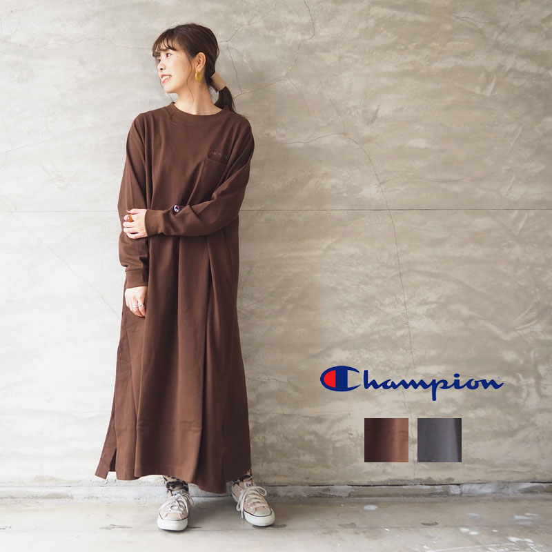 Champion チャンピオン ロングワンピース レディース ワンピース Cw U412 シンプル カジュアル 大人カジュアル スポーティ おしゃれ ロゴ スリット Aライン ロング丈 ゆったり チャコール ブラウン ママコーデ レイヤード 綿 コットン 秋冬 Bullpadel Cl