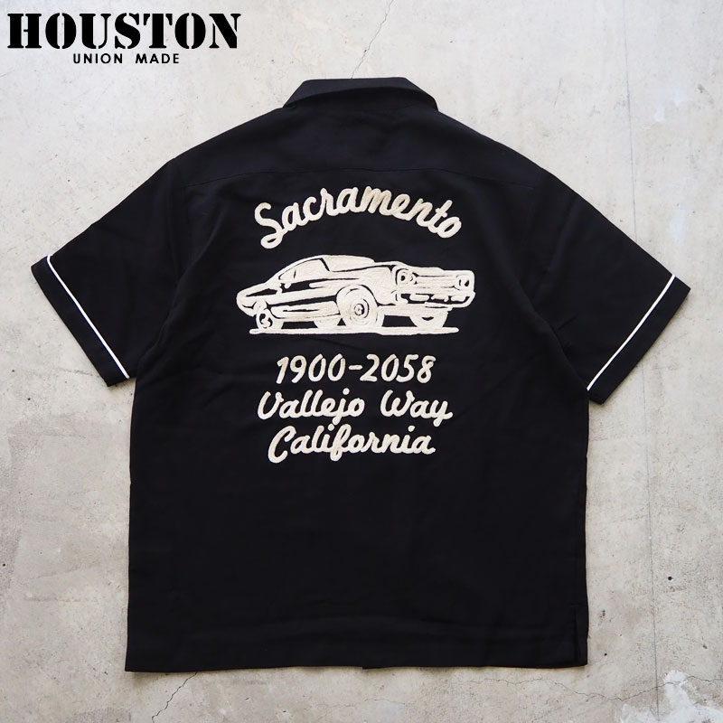 ヒューストン プルオーバー HOUSTON ボウリングプルオーバー 41318 メンズ 刺し通す 半袖 刺し通すプルオーバー 半袖プルオーバー 刺しゅう スカプルオーバー 車 CAR アメカジ 黒 黒いこと