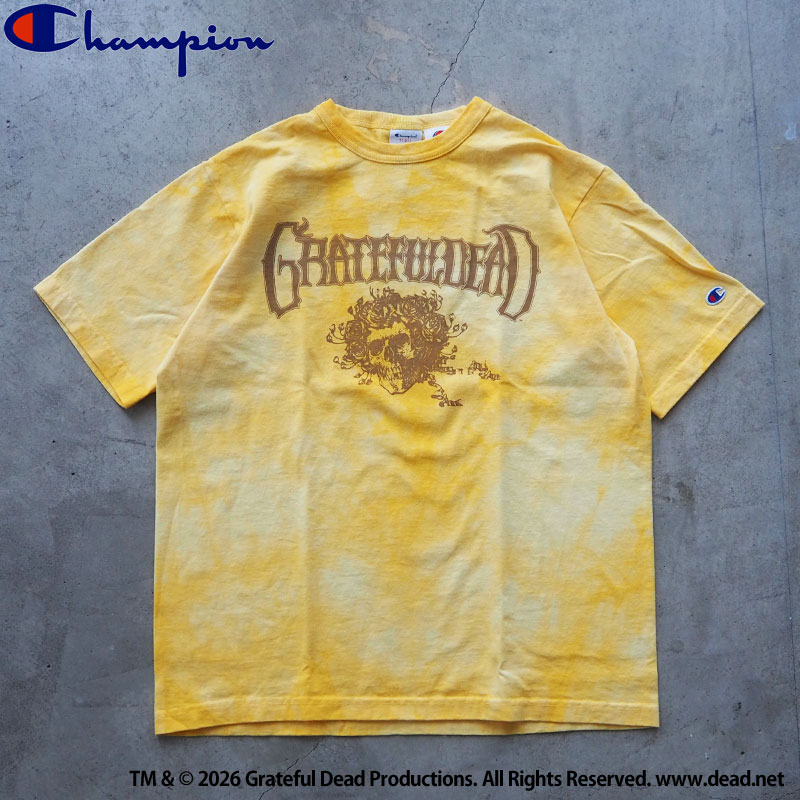 はやりっ子 プルオーバー メンズ Champion USA製 GRATEFUL DEAD 共同研究 T1011 遊撃手捩りプルオーバーC5-D308 半袖 半袖プルオーバー タイダイ USA グレイトフルデッド アメカジ 刷り上げる 黒 黄色 丸胴 綿織物