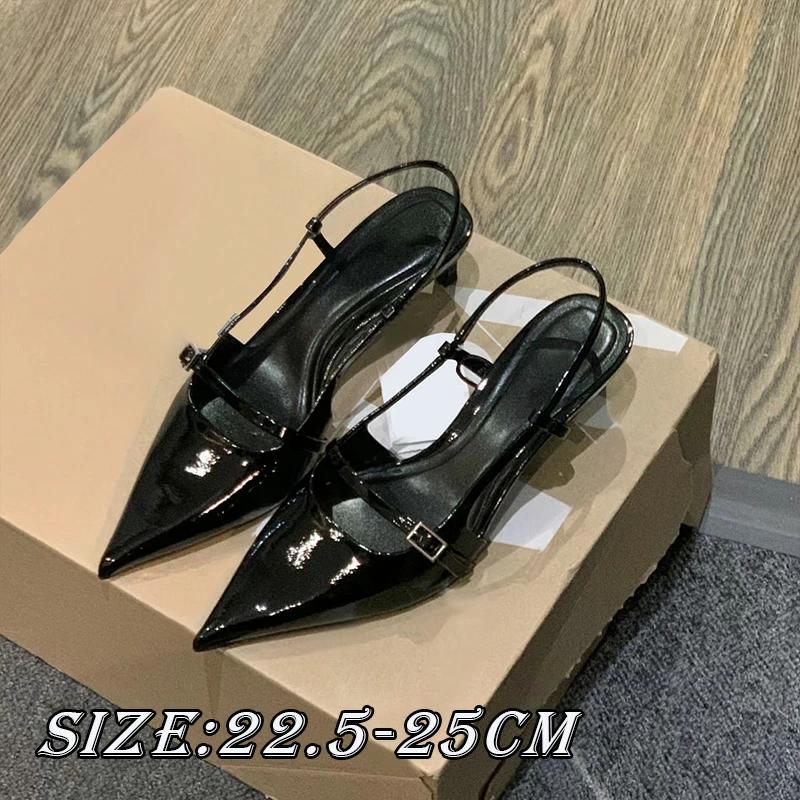 キャットヒール 本革 ポインテッドトゥ パンプス スリ ミドルヒール サンダル 羊革 黒 中空デザイン バックストラップ ブラック
