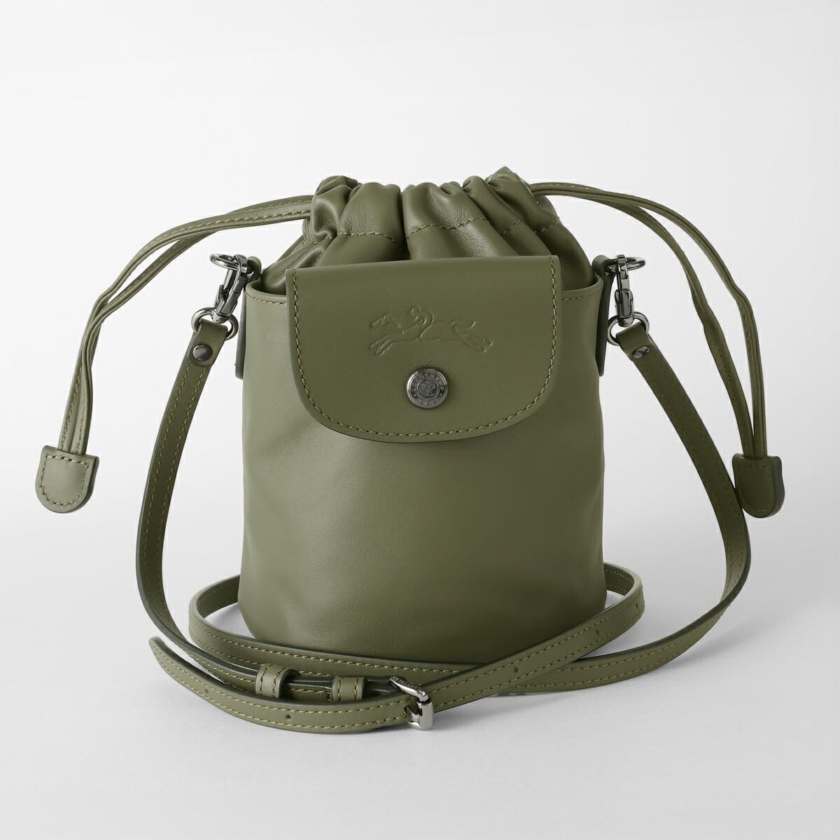 【美品・希少】LONGCHAMP レザー グリーン　ショルダーバッグ　バケツ ル プリアージュ® エクストラ XS バケットバッグ ブリティッシュ