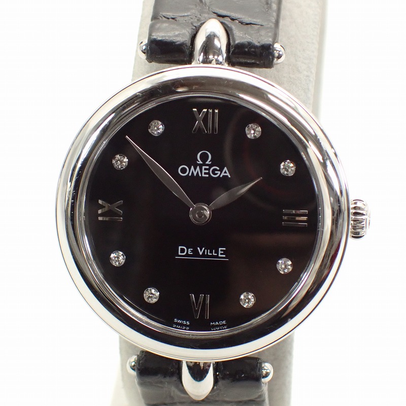ゼロ【OMEGA】SS金剛石8Pデ・ビルプレステージデュードロップレディースクォーツレザーベルト黒文字盤＊424.13.27.60デ・ヴィル【中古】デ大建築
