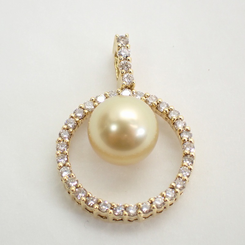 750（K18） 南洋真珠 ゴールドパール ダイヤ0.65ct ペンダントトップ 【中古】ゴールデンパール白蝶真珠