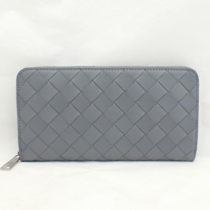 ボッテガヴェネタ イントレチャート ラウンドファスナー長財布 レザー グレー 【BOTTEGA VENETA】 【中古】ボッテガベネタ