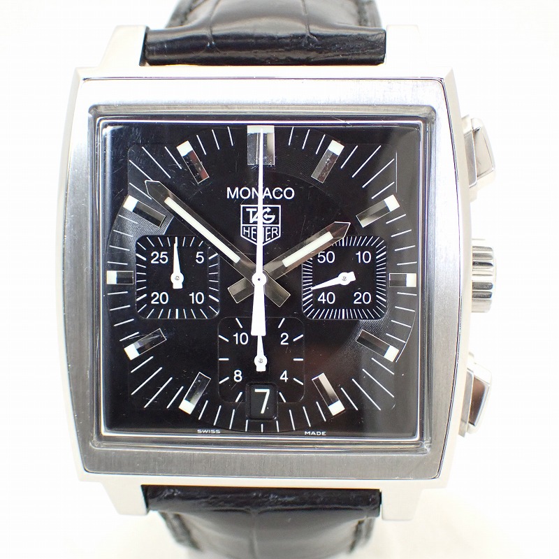 タグ・ホイヤー【TAG HEUER】 モナコ クロノグラフ メンズ自動巻き SSレザーベルト ブラック文字盤デイト付き ＊CW2111-0 腕時計 【中古】 タグホイヤー