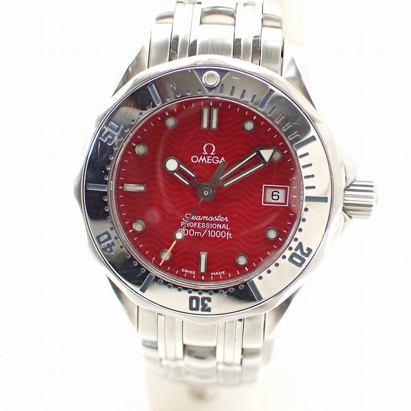 ゼロ【OMEGA】SSシーマスター300ｍレディースクォーツレッド文字記号盤デイト付き添い人＊2582.61丸井制限事項青写真【中古】