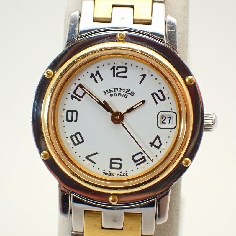 エルメス【HERMES】クリッパーSS/GP白文字記号盤デイト付き添い人レディースクォーツ＊CL4.220ウォッチ【中古】