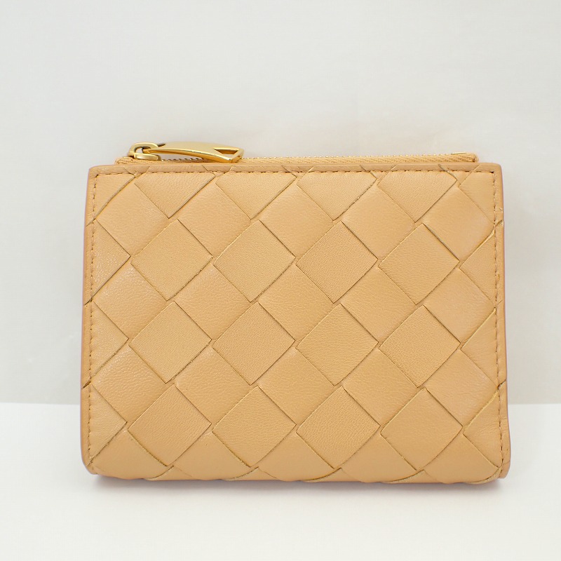 ボッテガヴェネタイントレチャート二つ折り紙入れなめし革ベージュ【BOTTEGA VENETA】【中古】ボッテガベネタ