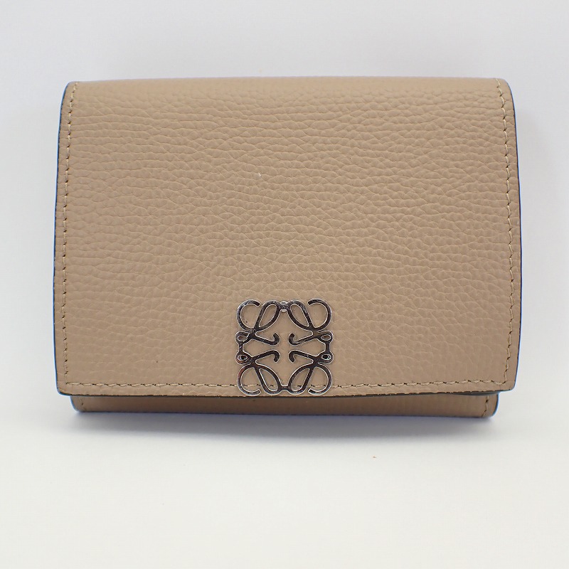 ロエベ【LOEWE】レザーアナグラム三つ折り紙入れベージュ薄墨色エスパニア製【中古】