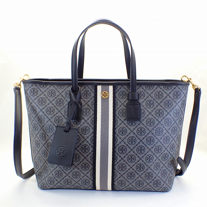 トリーバーチ【TORY BURCH】PVCなめし革2WAYトートバッググレー/黒いこと【中古】