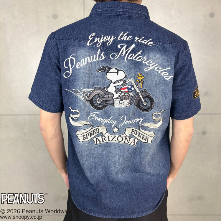 スヌーピー SNOOPYxFLAGSTAFFコラボ半袖デニムシャツ 462024 PEANUTS MOTORCYCLE アメカジ バイカー バイク キャラクター｜JAPANESQUE