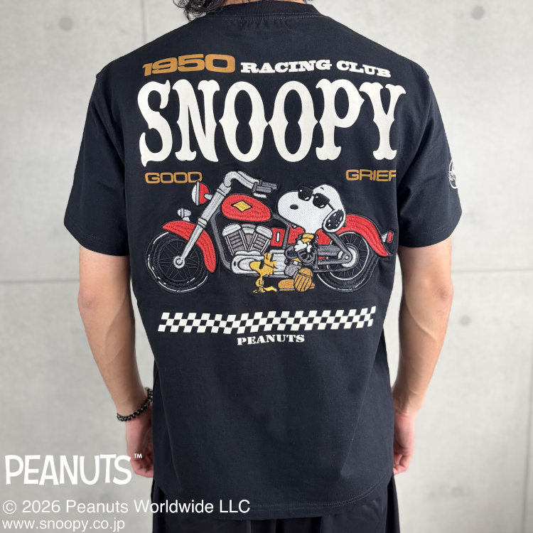 おせっかいxFLAGSTAFF二人三脚半袖プルオーバー 462031 PEANUTS RACING（黒いこと） アメカジ 人となり 自動二輪車