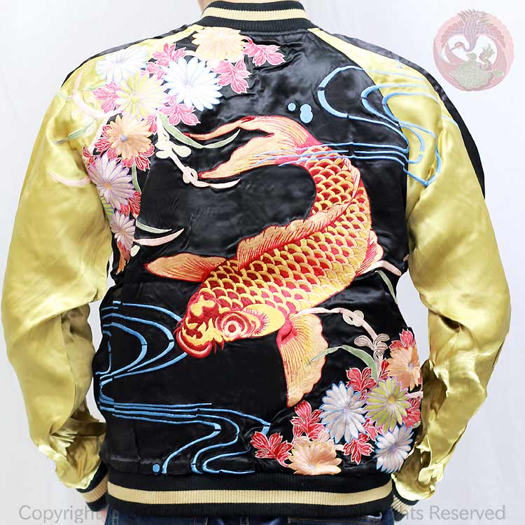 スカジャン 花旅楽団 はなたびがくだん スクリプト 菊と緋鯉 刺繍 スカジャン SKJ-005 和柄 大きいサイズXXL "Chrysanthemums and Scarlet carp" Embroidered Sukajan|JAPANESQUE