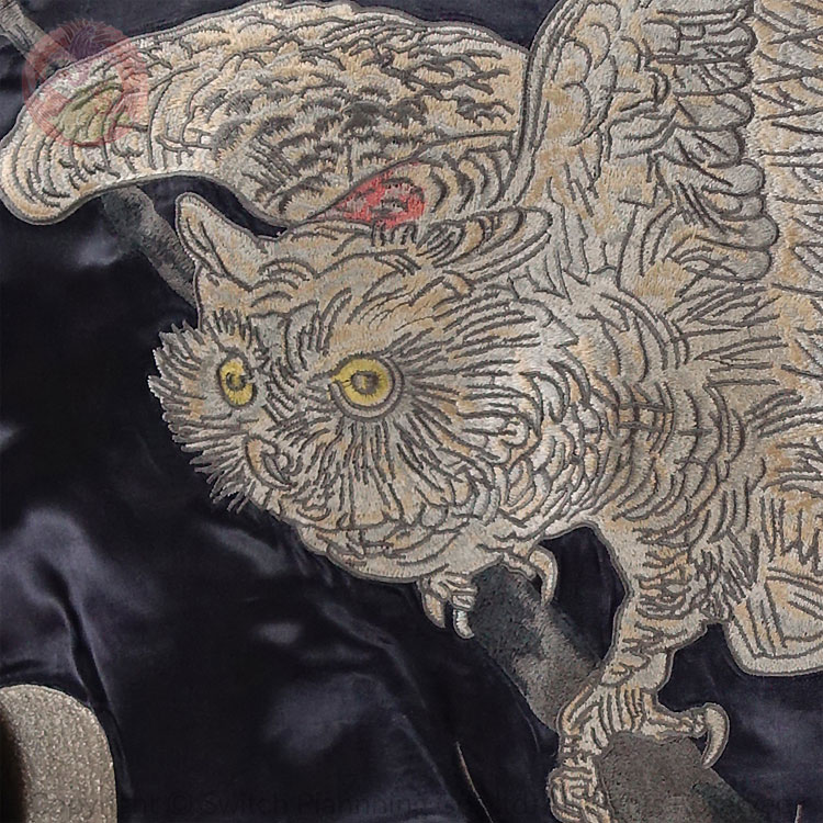 大きいサイズxxl 和柄 花旅楽団 花旅楽団 スカジャン 3lメンズファッション はなたびがくだんスクリプトssj 041 コート ジャケット みみずく 和 白木菟 3l Japanesque曲がり枝の上にとまる一羽の白ミミズク