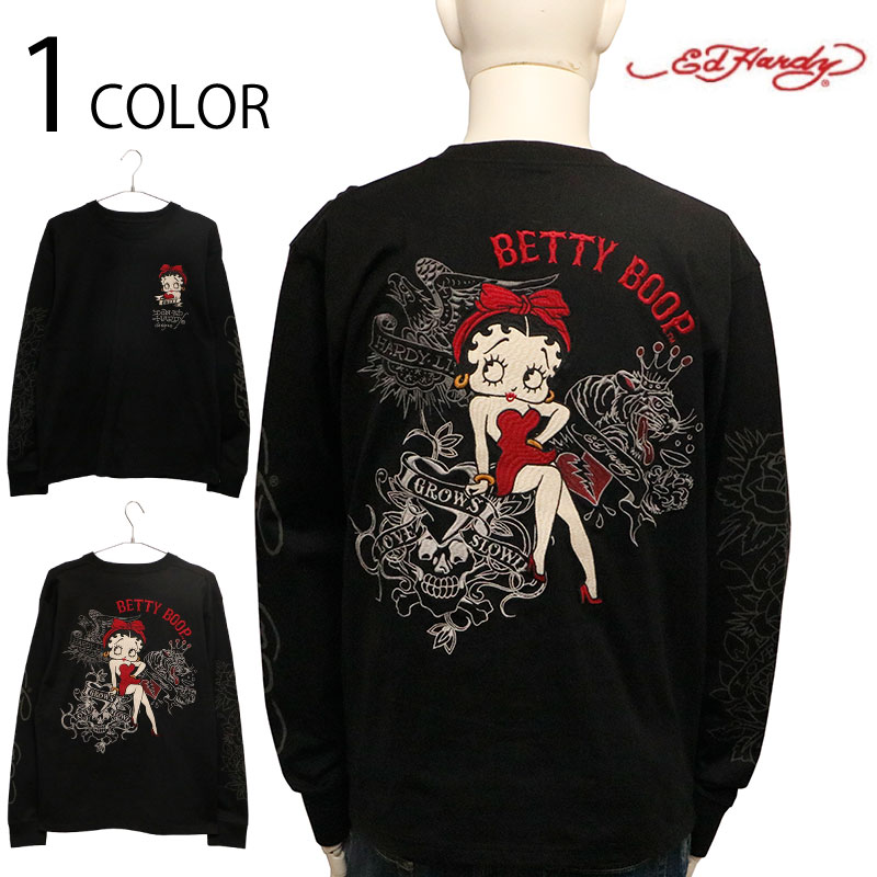 ED HARDY × BETTY BOOP ベティブープ 刺繍 天竺 長袖 Tシャツ（ BED-2507 ） ED HARDY エドハーディー BETTY BOOP ベティブープ アメカジ カジュアル カットソー ロンＴ 長袖 Ｔシャツ タトゥーテイスト イーグル タイガー ドクロ 刺繍 ブラック 送料無料
