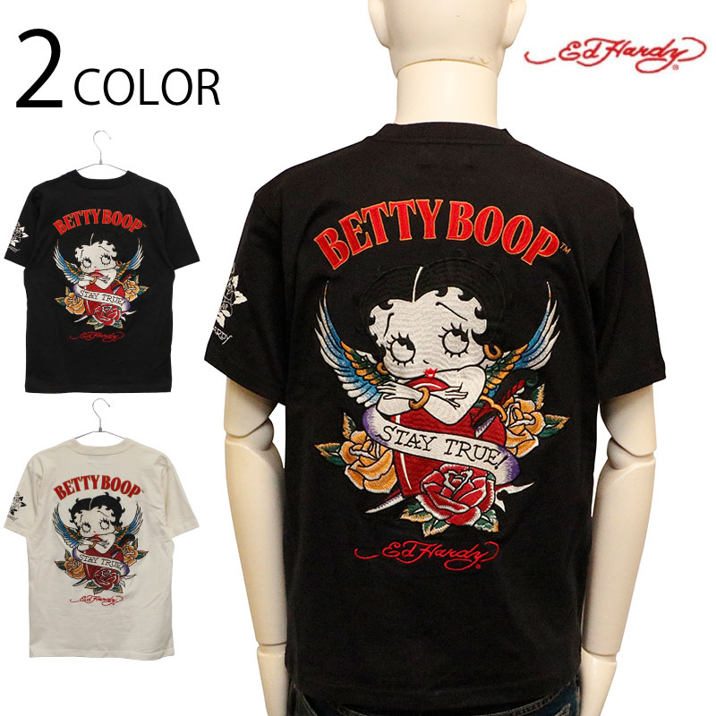 ED HARDY × BETTY BOOP ベティブープ × タトゥー 刺繍 天竺 半袖 Tシャツ（ BED-2503 ） エドハーディー BETTY BOOP ベティブープ アメカジ カジュアル カットソー 半袖 Ｔシャツ タトゥーテイスト 薔薇 ローズ ハート 刺繍 スミクロ ナチュラル 送料無料 7,762円