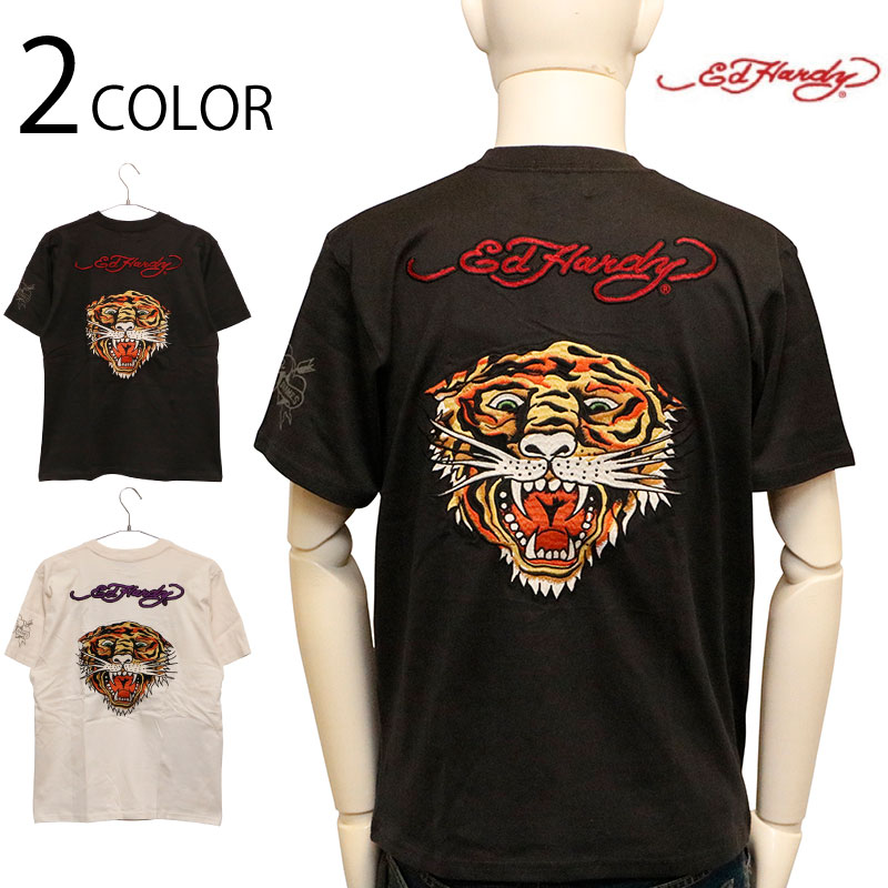 ED HARDY エドハーディー タイガー タトゥー 天竺 半袖 Tシャツ ( EDH-2502 ) 半袖 カットソー Tee タトゥーテイスト タイガー 薔薇 ローズ ロゴ 刺繍 抜染 プリント スミクロ ナチュラル 2色展開 送料無料