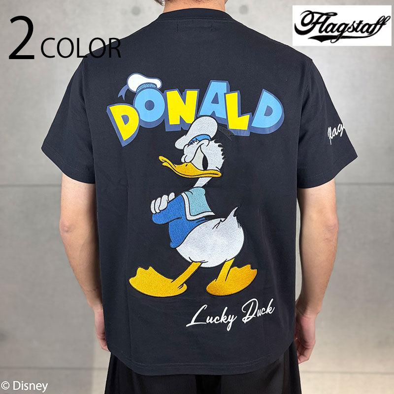 FLAG STAFF × Disney寄せあわせ Donald Duck 柄 半袖プルオーバー （ 462521 ） 心地よい アメカジ 半袖 プルオーバー ウォルトディズニー 二人三脚 ドナルドダック 派手 受けが良い 刺〓 黒いこと 白いこと 2色押しひろげる 貨物輸送無料