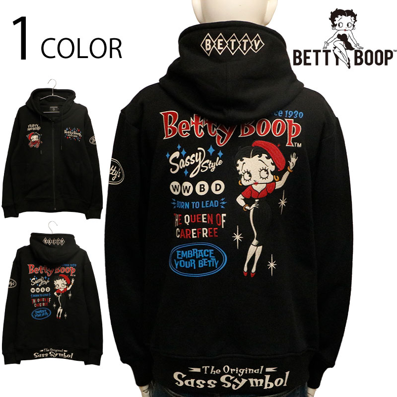 NEVERMIND × BETTY BOOP ベティブープ 柄 刺繍 裏毛 FULL ZIP 長袖パーカー （ BBN-2519 ） 長袖パーカー ZIP UP パーカー ベティ ブープ 刺繍 抜染 プリント ブラック 送料無料