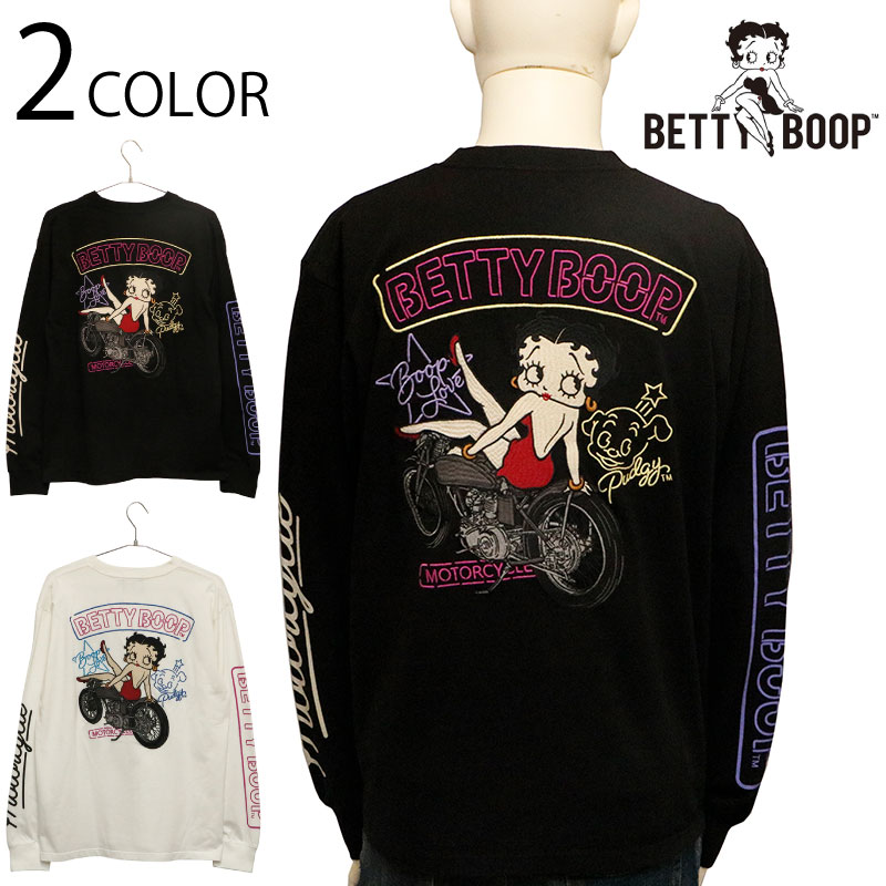 NEVERMIND × BETTY BOOP ベティブープ × バイク 刺繍 天竺 長袖 Ｔシャツ （ BBN-2601 ） 長袖 Tシャツ カットソー ロンT ベティ ブープ バイク 刺繍 ブラック ホワイト 2色展開 送料無料