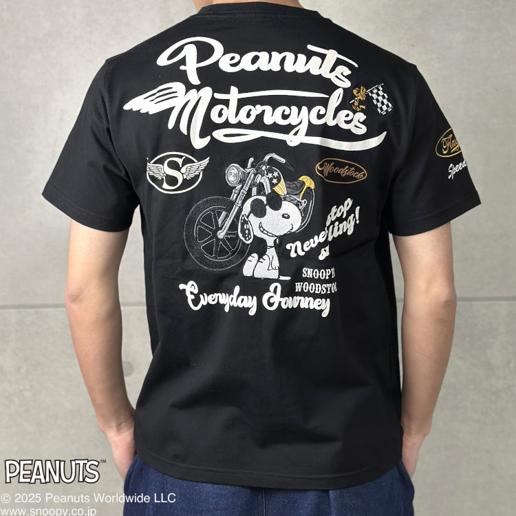 スヌーピーxFLAGSTAFFコラボ半袖Tシャツ 452094 SNOOPY BIKER（ブラック） アメカジ キャラクター PEANUTS バイク