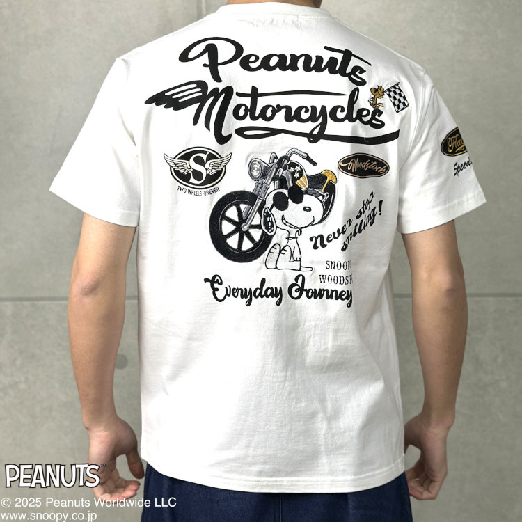 スヌーピーxFLAGSTAFFコラボ半袖Tシャツ 452094 SNOOPY BIKER（ホワイト） アメカジ キャラクター PEANUTS バイク
