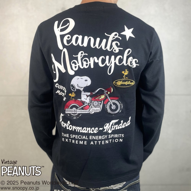 SNOOPY スヌーピーxFLAGSTAFFコラボ長袖Tシャツ ロンT 453001 ブラック アメカジ バイカー バイク キャラクター PEANUTS