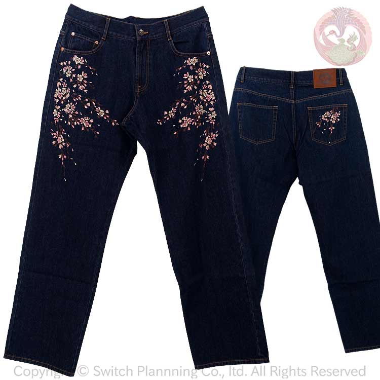 花旅ダンス楽隊 はなたびがくだん 脚本 桜刺しゅうジーンズズボン下 SP-001 和柄 \"Cherry Blossom\"" Embroidery Jeans"
