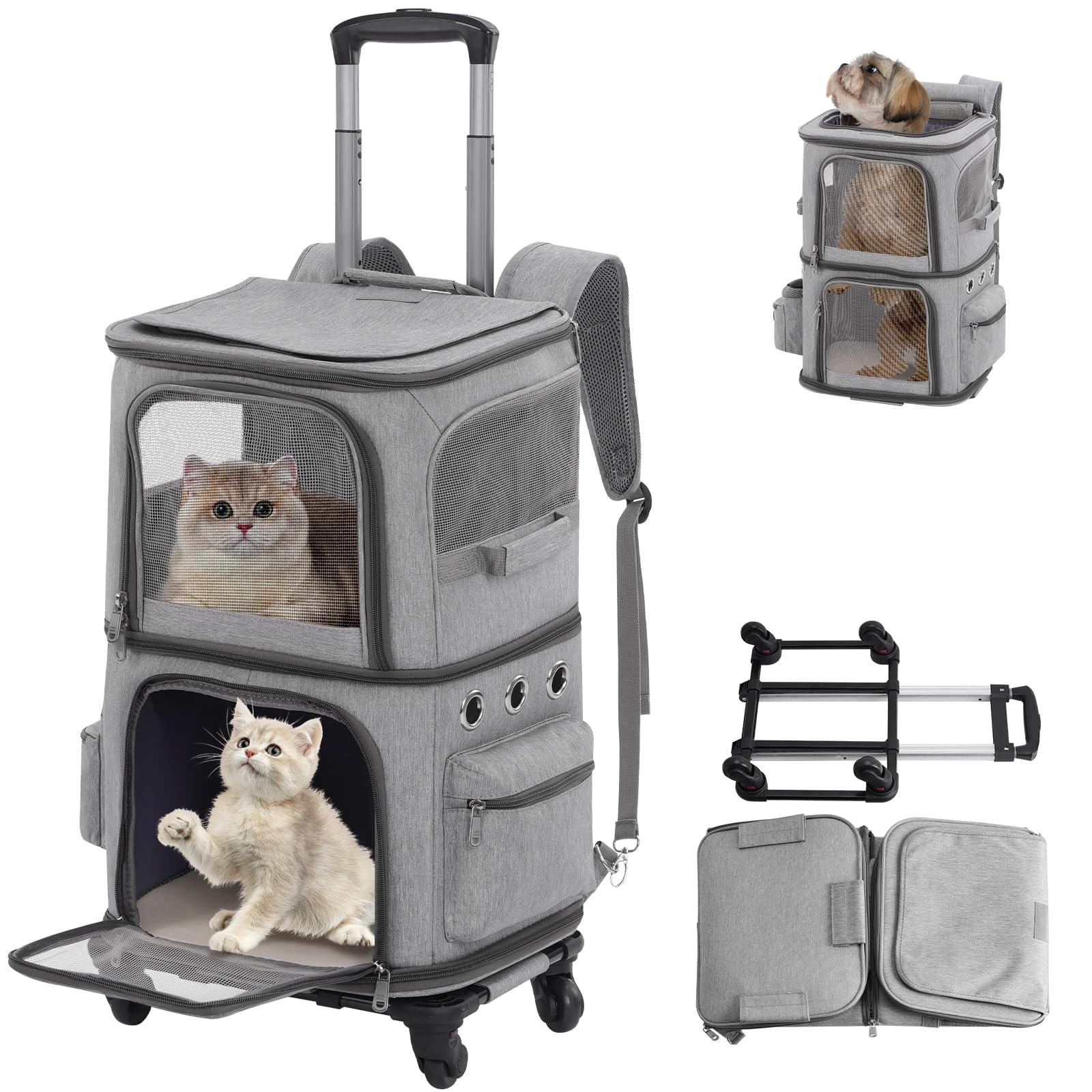 猫 2 匹 キャリー リュック キャスター付き 小型 犬 キャリー カート 2段式 ペット リュック ネコ の リュック トロリーバッグ 大容量 通気性 旅行/通院/交通機関/災害避難用｜B ショップ3店