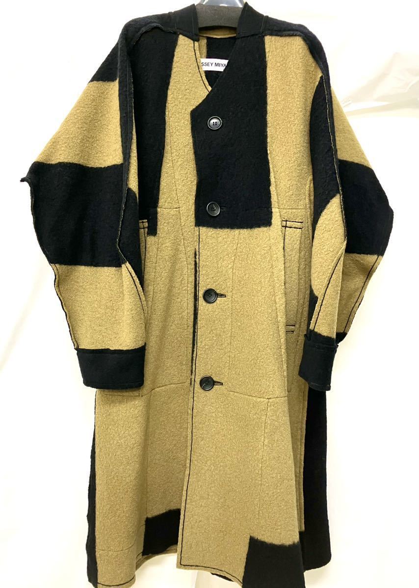 【美品 】イッセイミヤケ ロング 厚地の外套 ISSEY MIYAKE 羊毛混 メンズ IM33KA333/3 駱駝 黒いこと 否色つや 裏地なし 日本製 148482