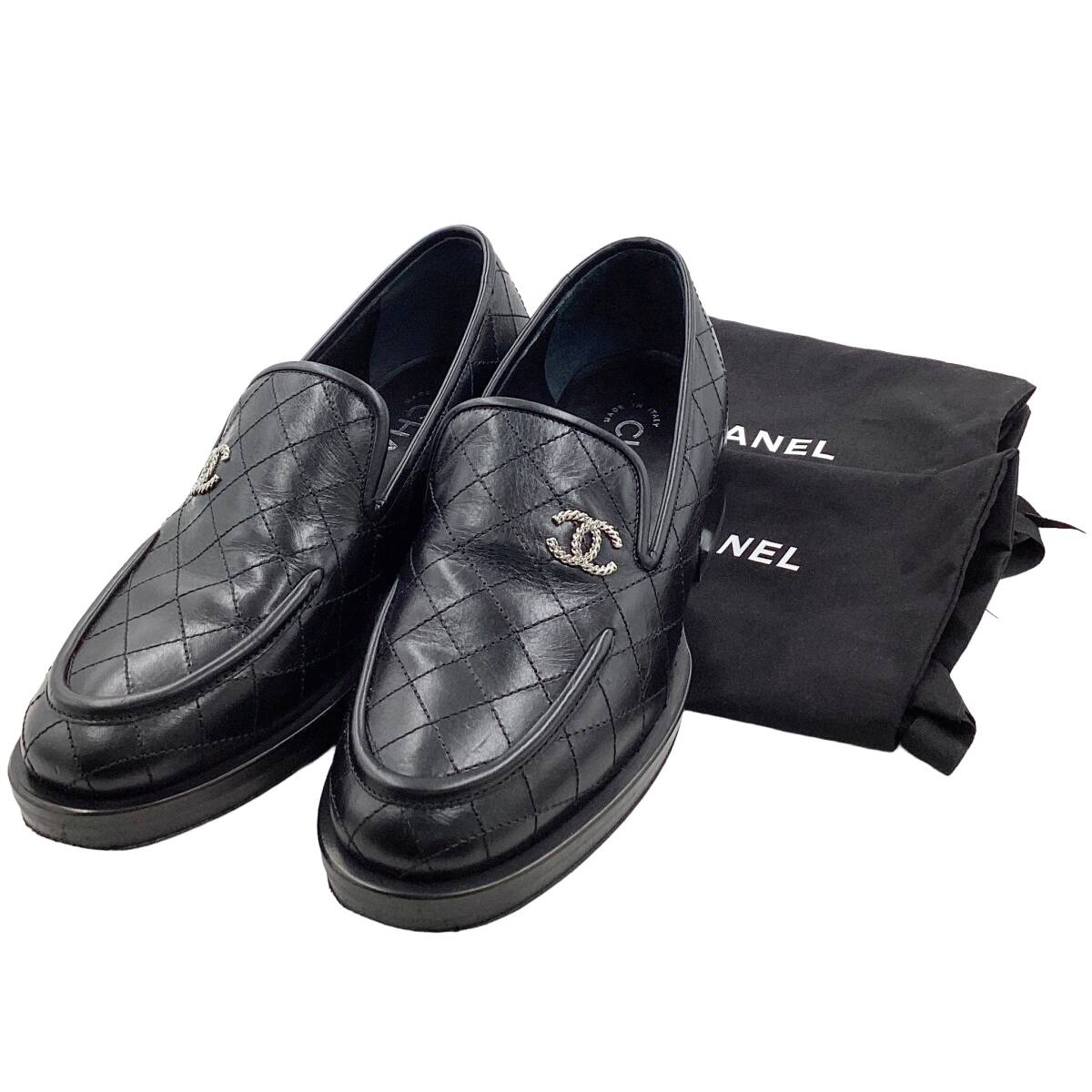 【中古】シャネル 靴 シューズ CHANEL レザー ブラック シルバー マトラッセ ココマーク 35.５ 22.5cm 保存袋付 レディス 151230｜ブランドショップキララ店